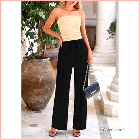Ribbed Knit Crop Top & Wide Leg Pants Lounge Set, Polyester Elastane - Picture 5 of 6